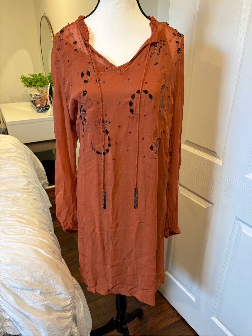 Cream Melodie Burnt Orange Embellished Boho Dress EU 42 US 10